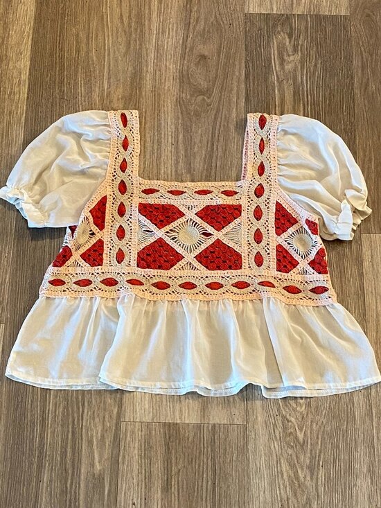 Rebellion Again Tops - Rebellion Again BoHo Crochet Sheer Ruffle Crop Top Women's Size S